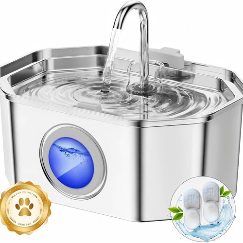 Apauk 3.2L Fuente para Gatos Acero Inoxidable, Bebedero Gatos, Silencioso Fuente de Agua para Gatos, con Ventana LED, Sistema de Filtro Multicapa Libre de BPA(con 2 Filtros &amp; 2 Esponjas)