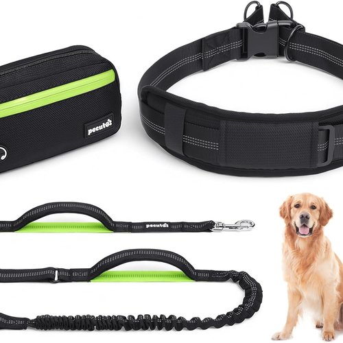 Pecute Correa Perro Cintura Antitirones, Correas Manos Libres con Bolsillo Impermeable &amp; Desmontable, Doble Asa, Cuerda Elástica Amortiguadora, Adecuado para Correr, Caminar y Entrenar, para 15-55kg