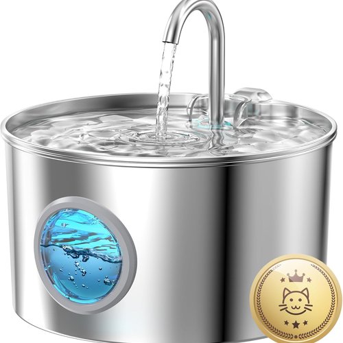 Fuente para Gatos Acero Inoxidable: Bebedero Gatos Automatico - 2.2L Fuente Gato Silencioso - Fuentes de Agua para Gato con 1 Filtro + 1 Esponja - Dispensador Agua Perros con Ventana Panorámica